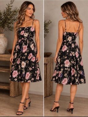 Express Floral Square-Neck Midi Dress - Black with Pink Blooms m